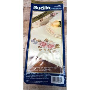 RARE Bucilla Stamped Cross Stitch Fabric Tea Rose Runner 14" X 44 No Floss 42092